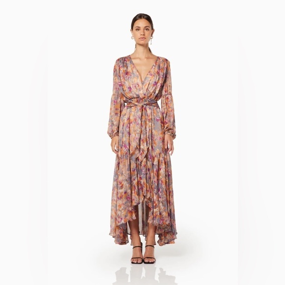 Elliatt Extravagant Satin Long Sleeve Maxi Dress Multi Floral Size Small NWT - Picture 1 of 6
